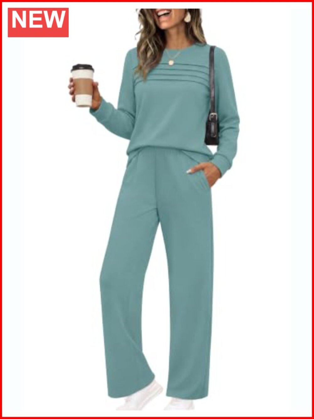 Women's Lounge Set 2 Piece Crewneck Long Sleeve Top Wide Leg Pants Travel Outfit